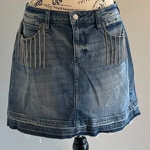 Distressed jean skirt w/bling fringe
